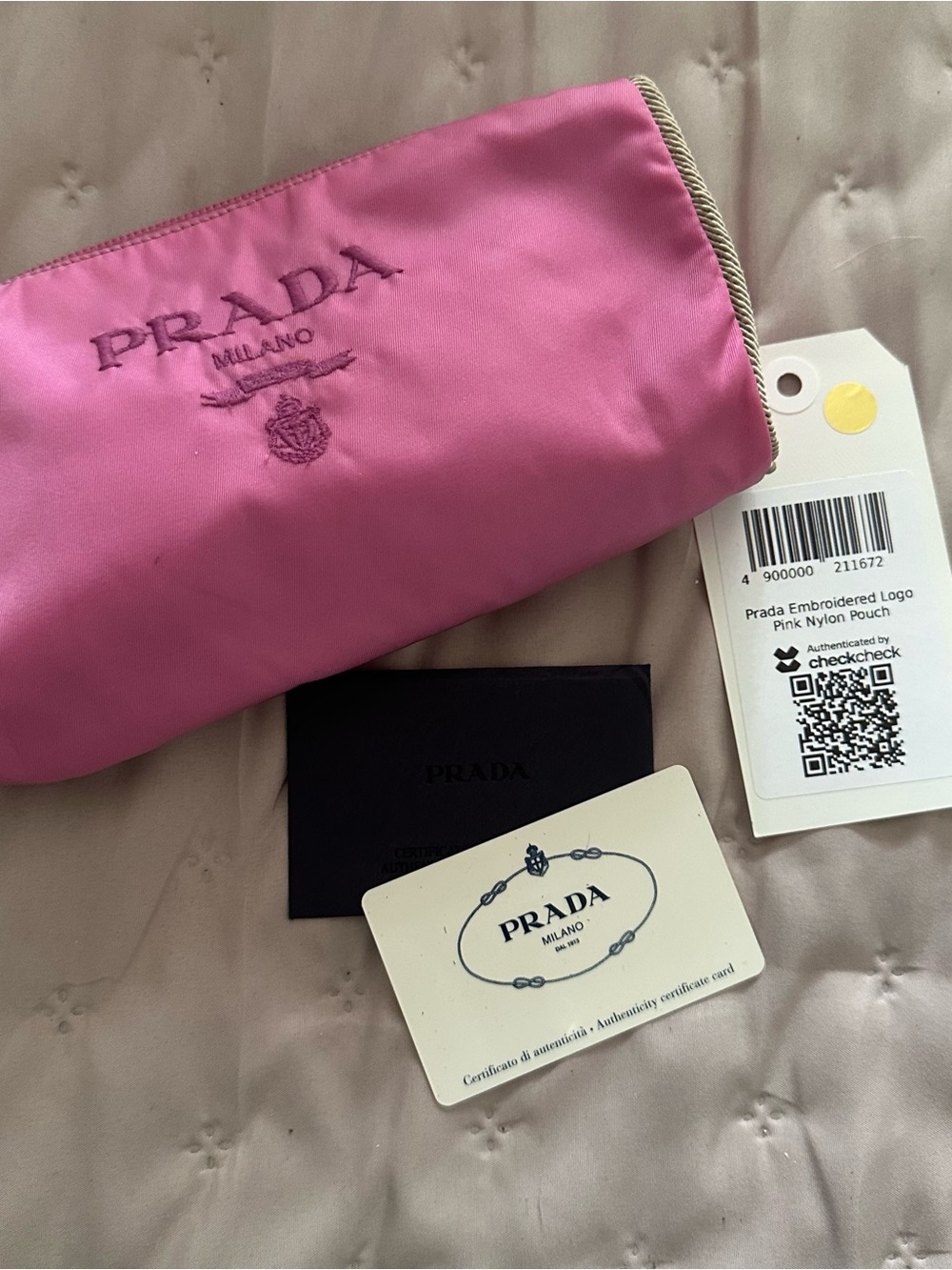 Prada Pink Nylon Embroidered Logo Pouch with Black Interior